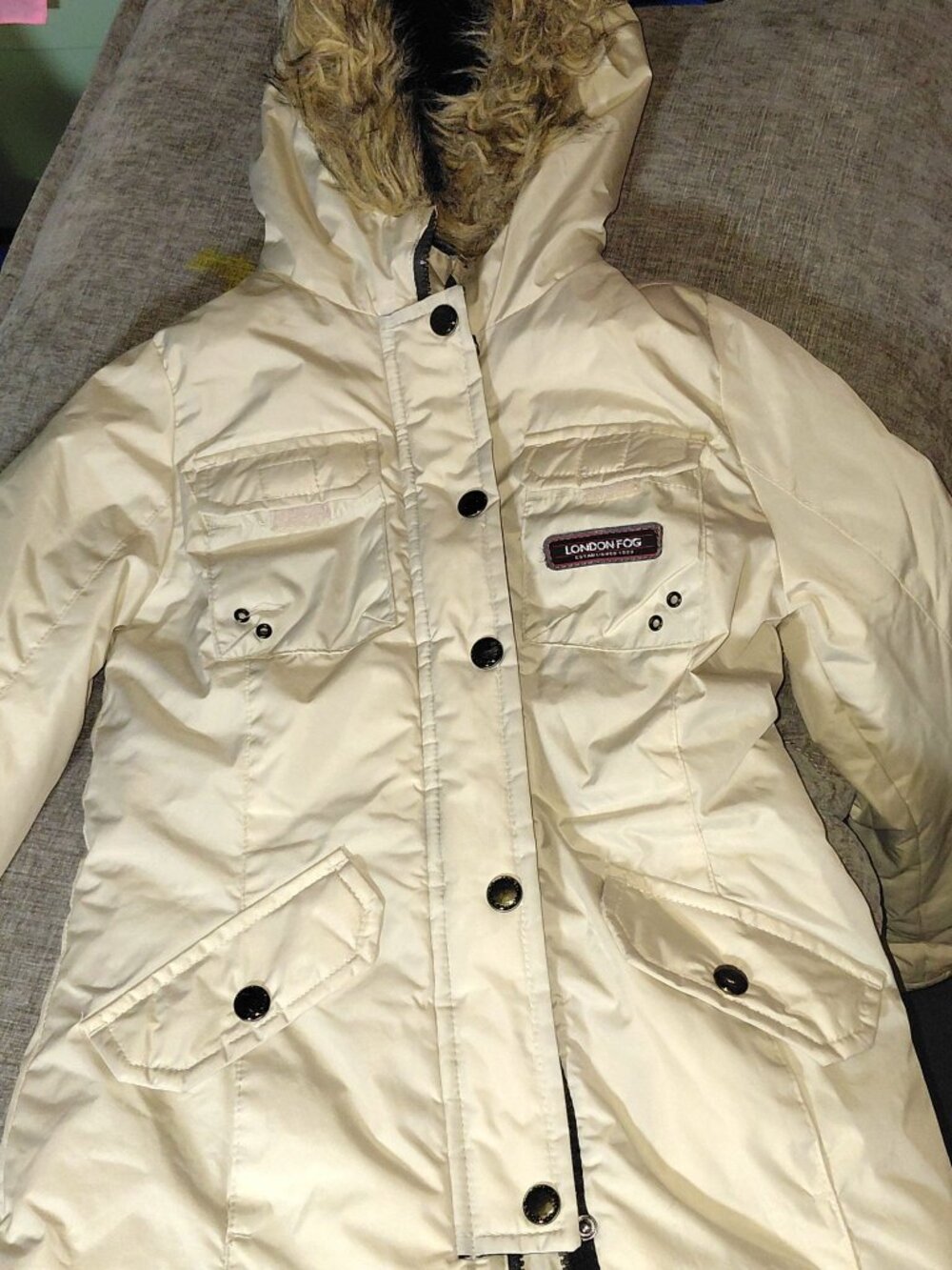 London Fog Girls Winter Parka Coat Cream Faux Fur Hood 7/8